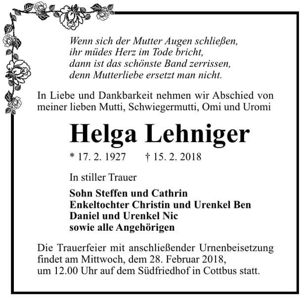 Traueranzeige Helga Lehniger