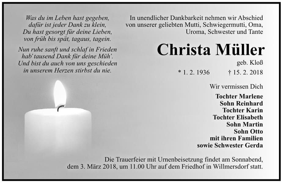 Traueranzeige Christa Müller, geb. Kloß