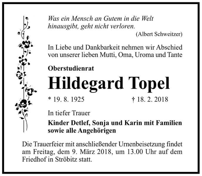 Traueranzeige Hildegard Topel