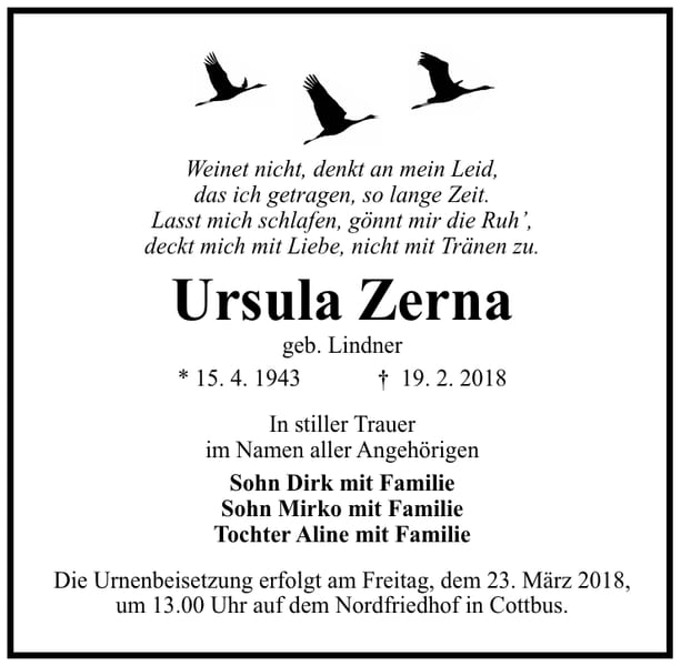 Traueranzeige Ursula Zerna, geb. Lindner