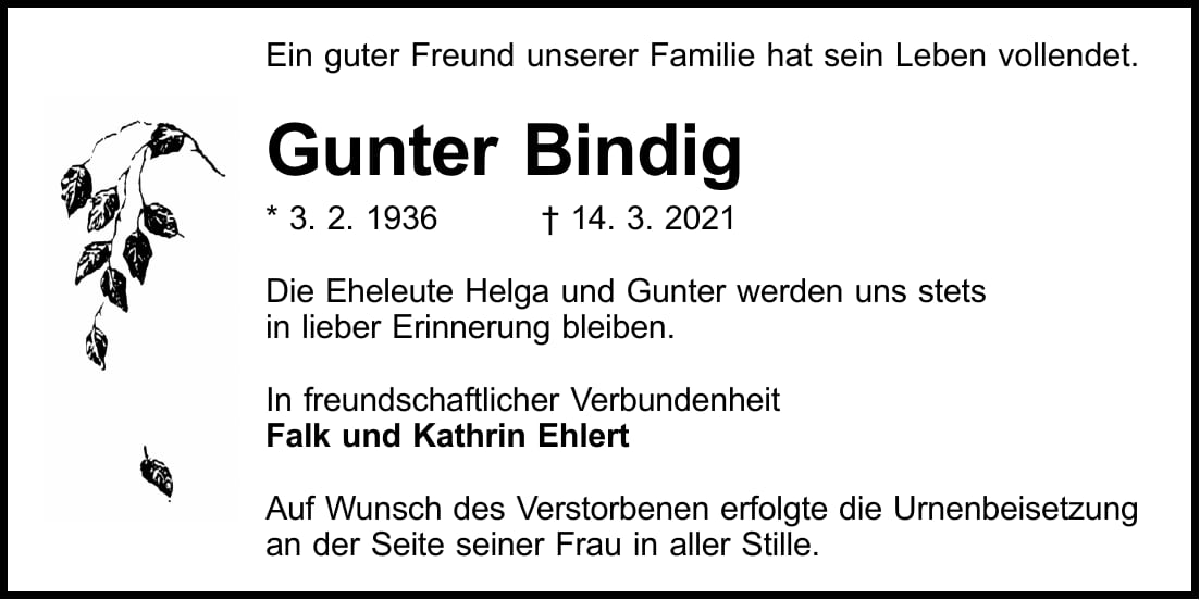Traueranzeige Gunter Bindig