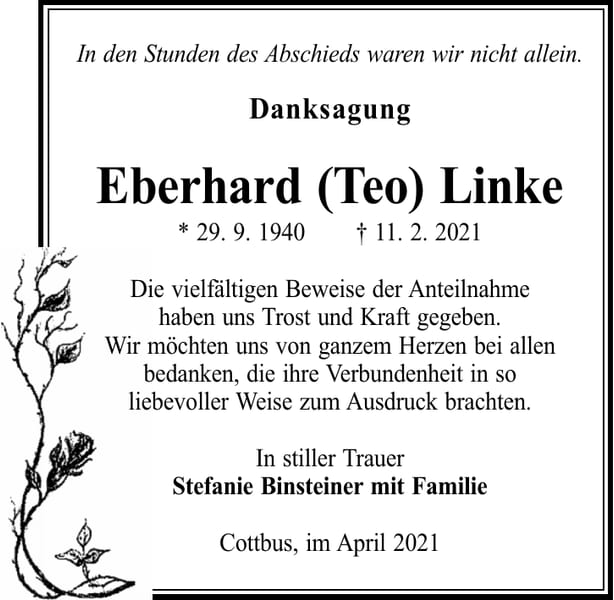 Danksagung Eberhard (Teo) Linke