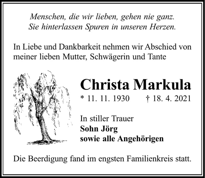 Traueranzeige Christa Markula