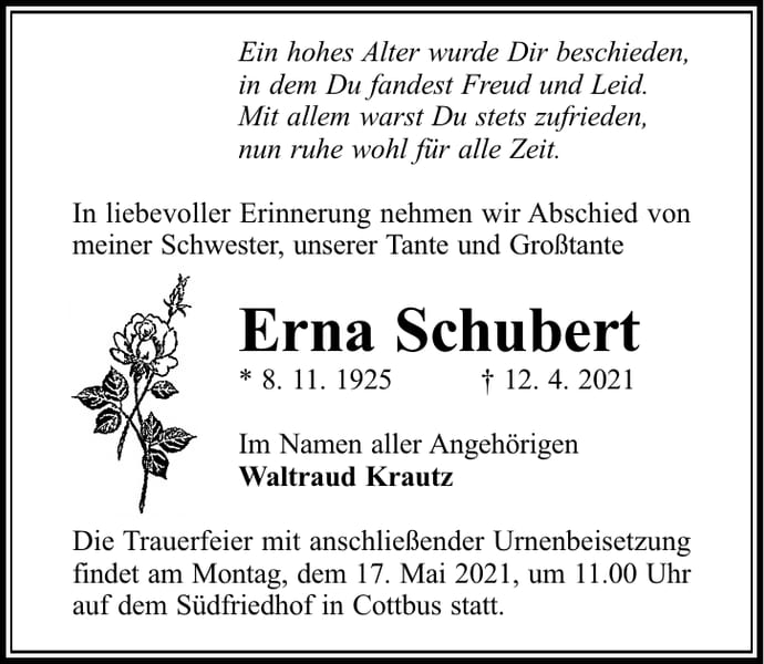 Traueranzeige Erna Schubert