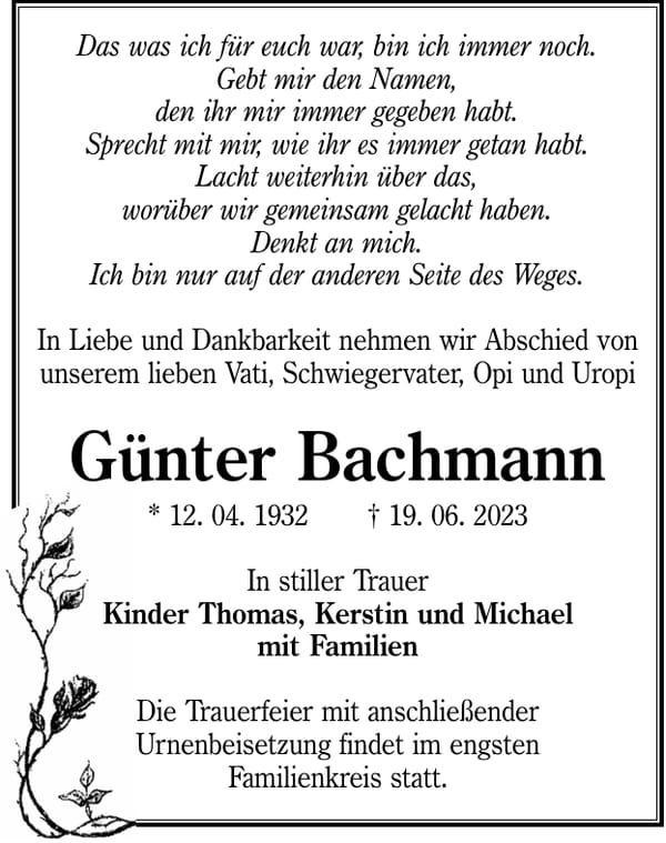 Traueranzeige Günter Bachmann
