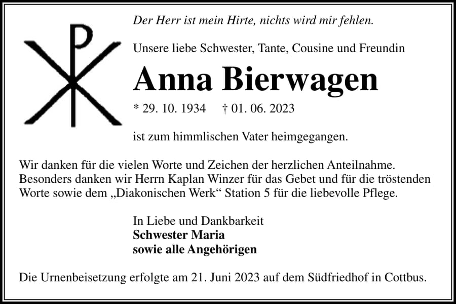 Traueranzeige Anna Bierwagen