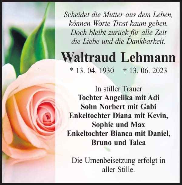 Traueranzeige Waltraud Lehmann