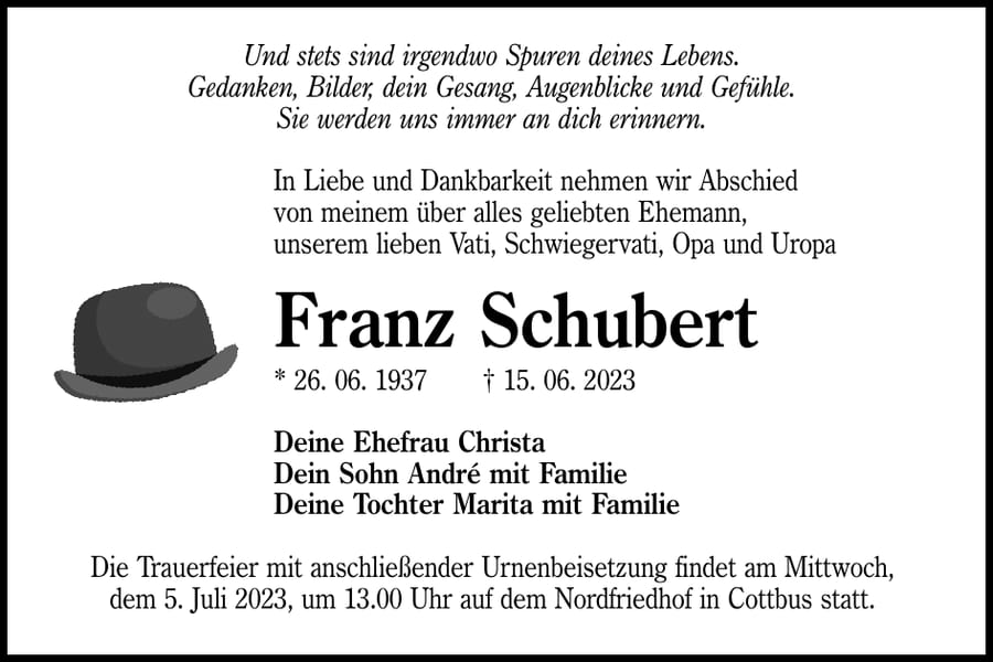 Traueranzeige Franz Schubert
