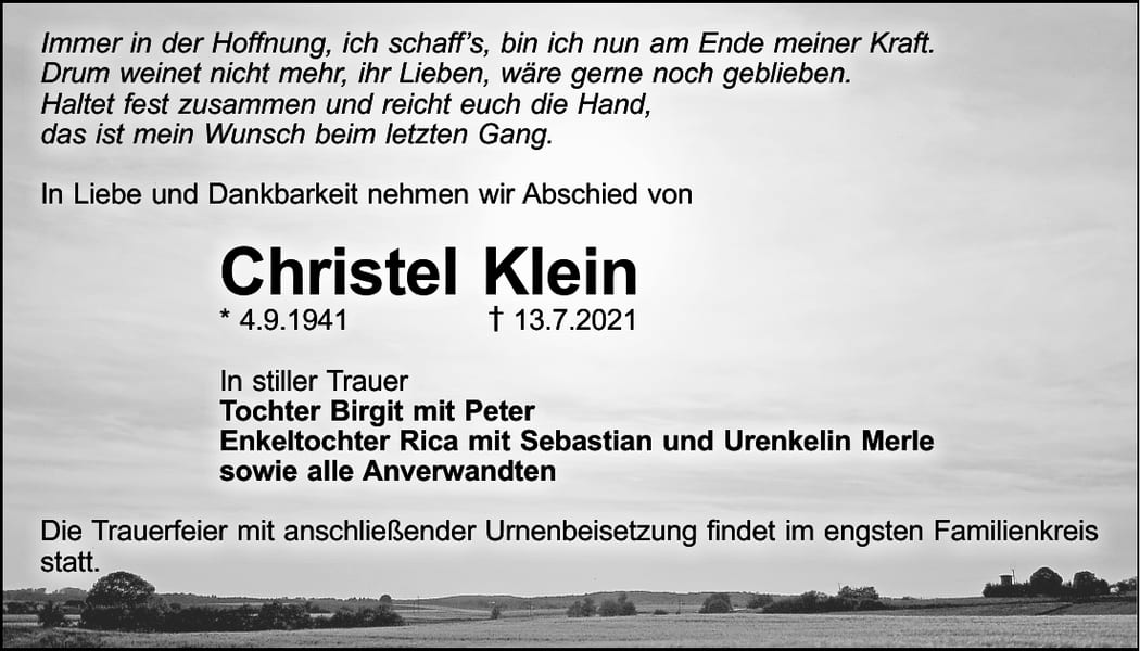 Traueranzeige Christel Klein