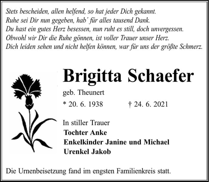 Traueranzeige Brigitta Schaefer, geb. Theunert