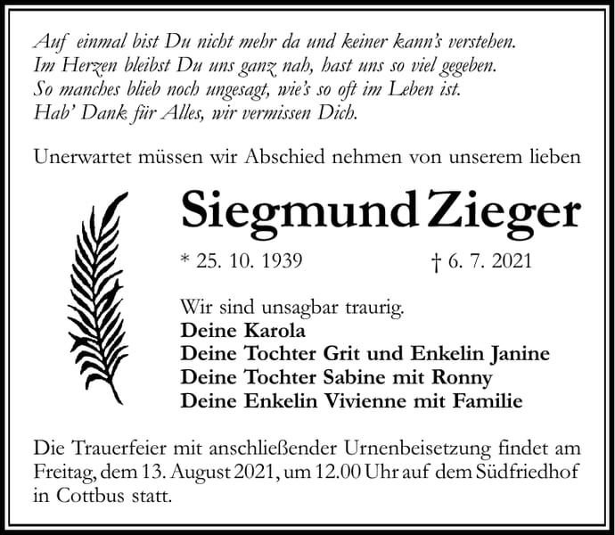 Traueranzeige Siegmund Zieger