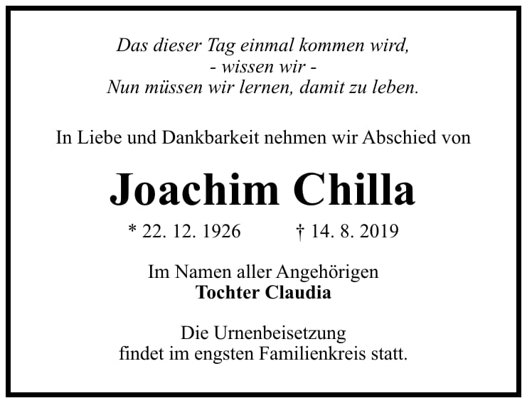 Traueranzeige Joachim Chilla
