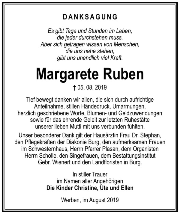 Traueranzeige Margarete Ruben