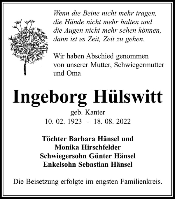 Traueranzeige Ingeborg Hülswitt, geb. Kante