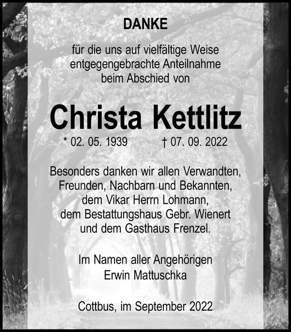Danksagung Christa Kettlitz