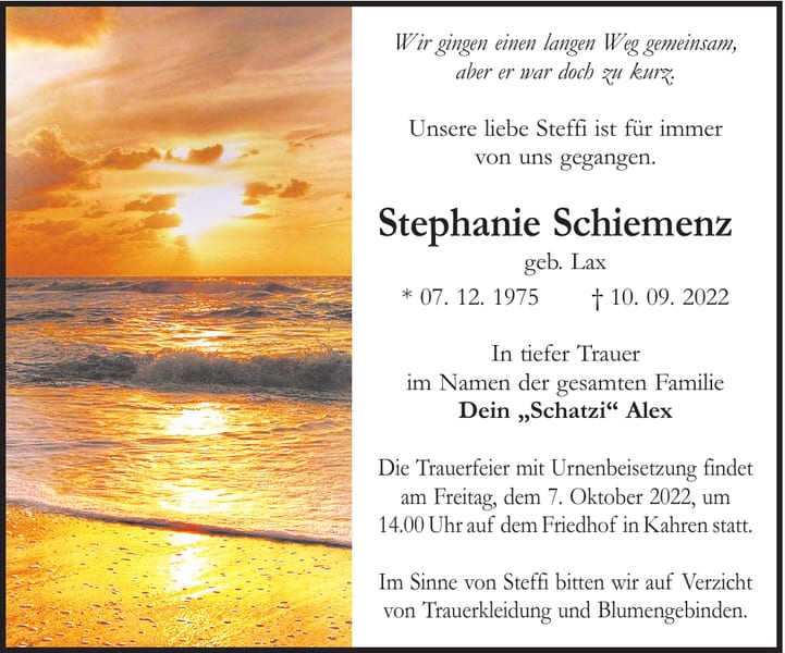 Traueranzeige Stephanie Schiemenz, geb. Lax