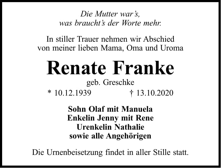 Traueranzeige Renate Franke, geb. Greschke