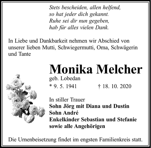 Traueranzeige Monika Melcher, geb. Lobedan