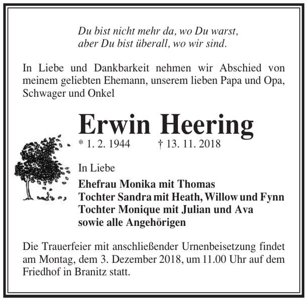 Traueranzeige Erwin Heering