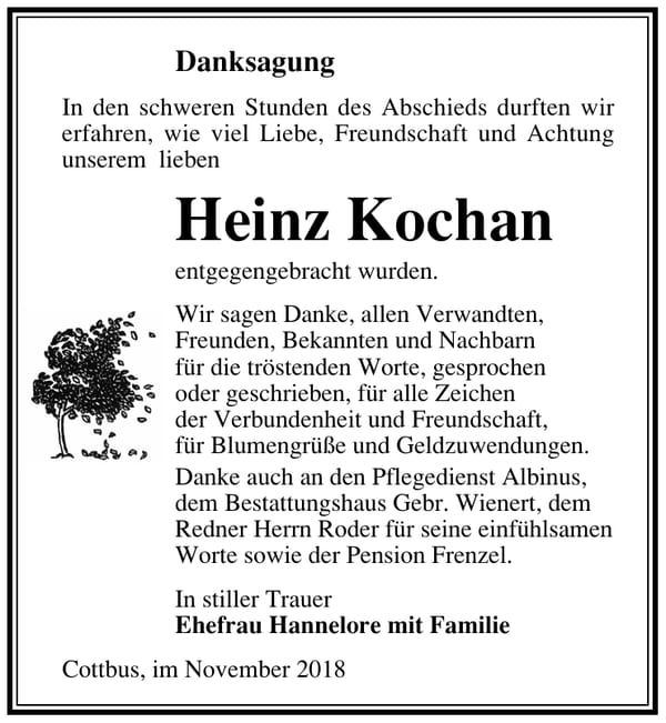 Danksagung Heinz Kochan