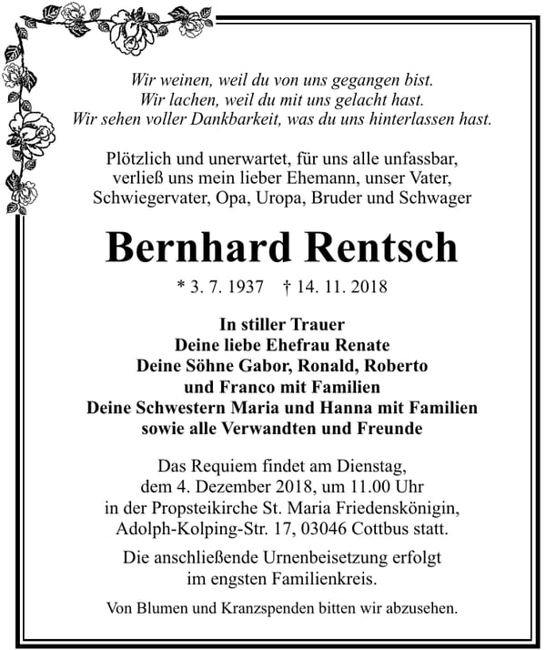 Traueranzeige Bernhard Rentsch