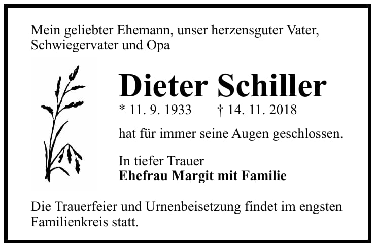Traueranzeige Dieter Schiller