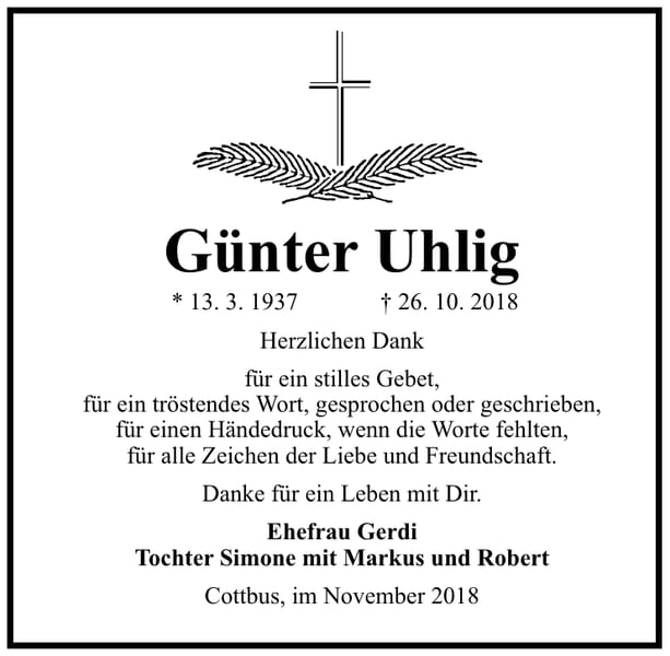 Traueranzeige Günter Uhlig