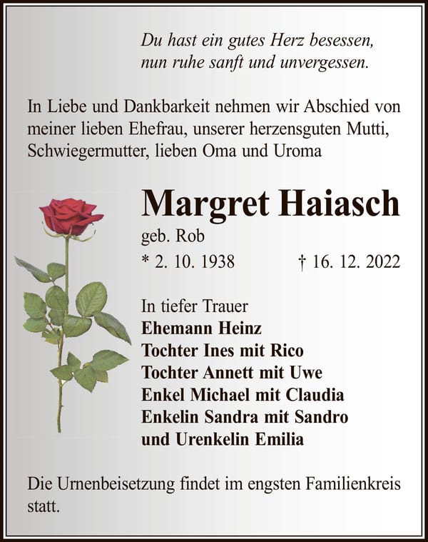 Traueranzeige Margret Haiasch, geb. Rob