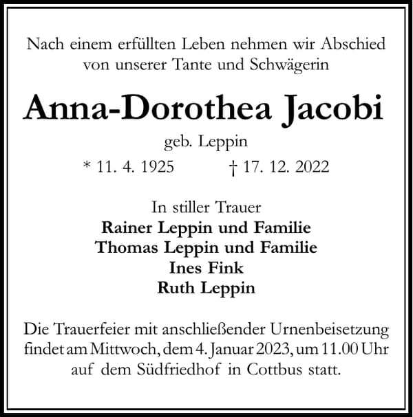 Traueranzeige Anna-Dorothea Jacobi, geb. Leppin