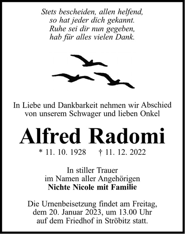 Traueranzeige Alfred Radomi