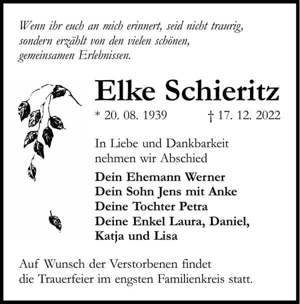 Traueranzeige Elke Schieritz