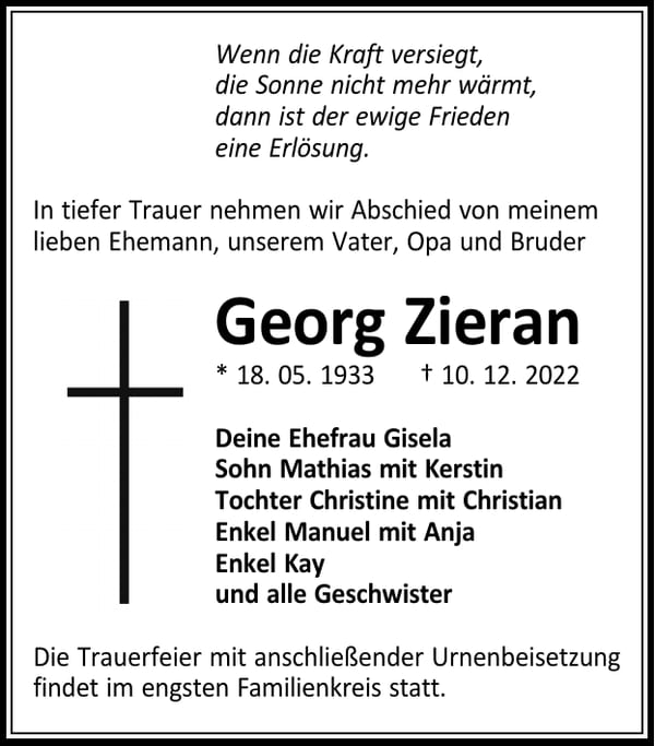 Traueranzeige Georg Zieran
