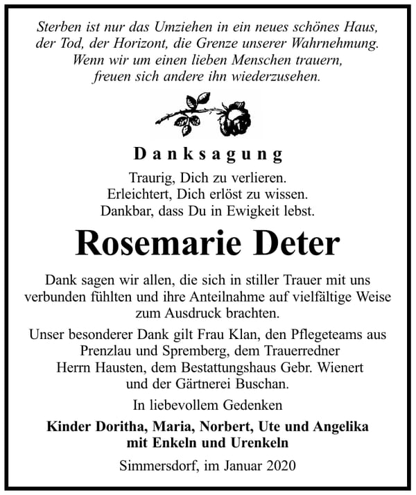 Danksagung Rosemarie Deter
