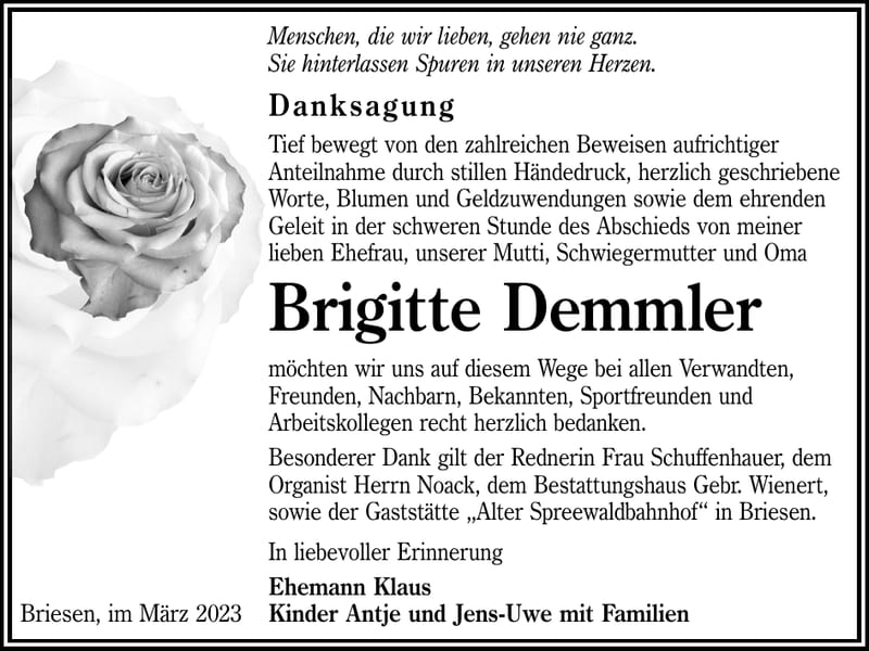 Danksagung Brigitte Demmler