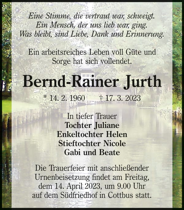 Traueranzeige Bernd-Rainer Jurth