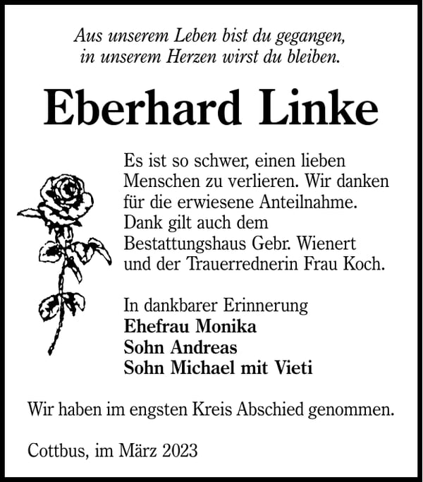 Danksagung Eberhard Linke