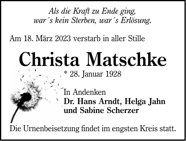 Traueranzeige Christa Matschke