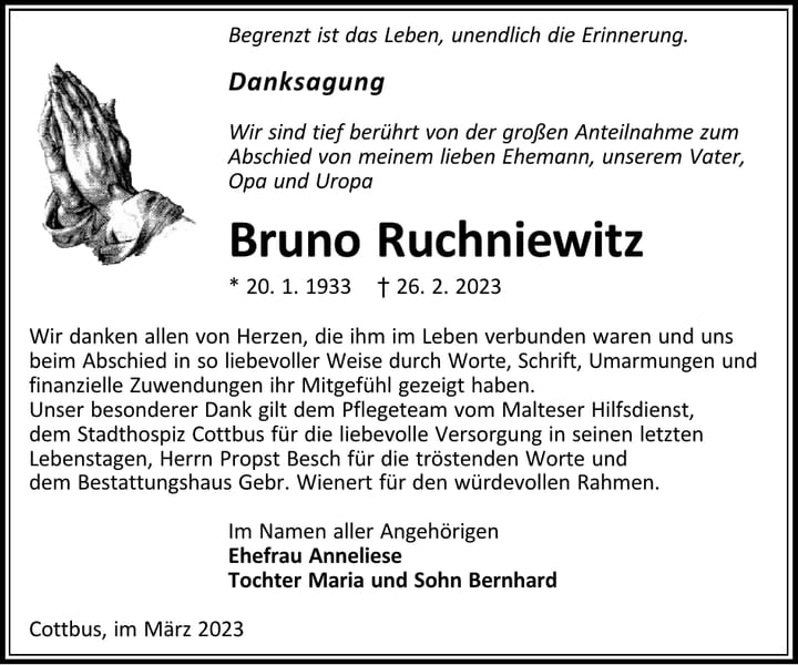 Danksagung Bruno Ruchniewitz