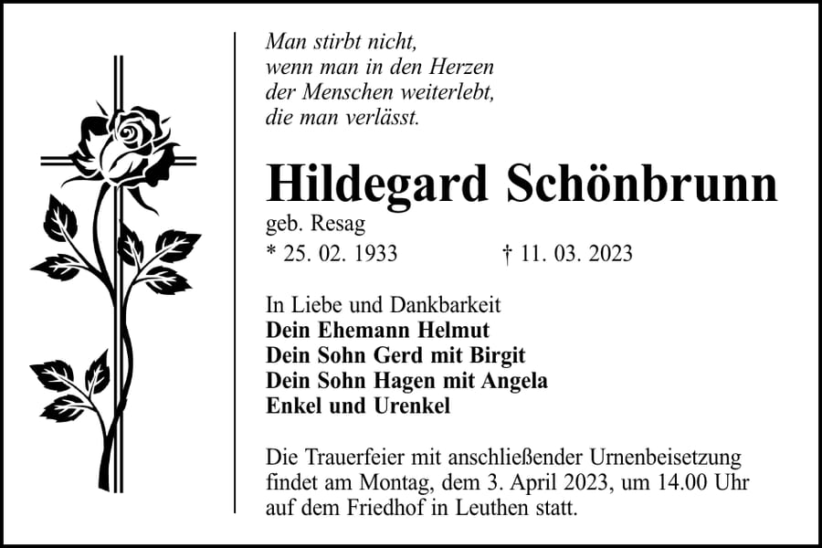 Traueranzeige Hildegard Schönbrunn, geb. Resag