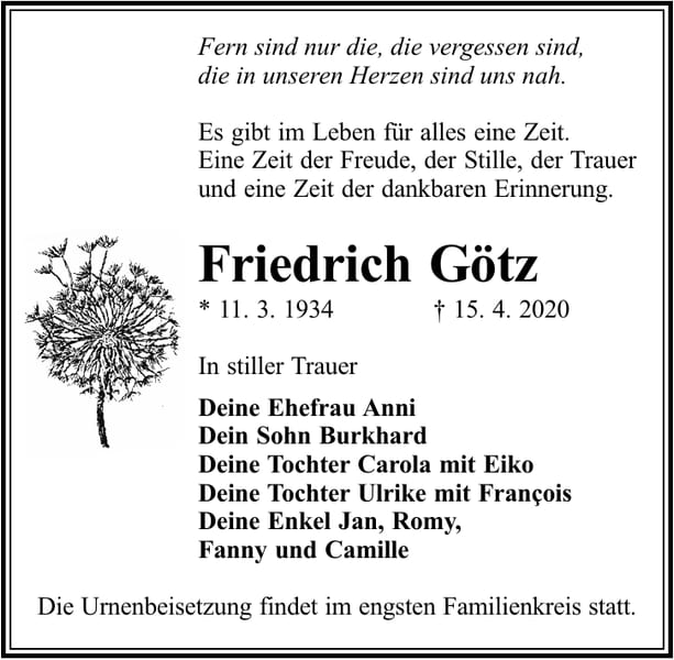 Traueranzeige Friedrich Götz