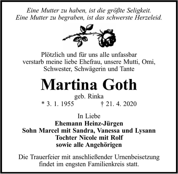 Traueranzeige Martina Goth, geb. Rinka