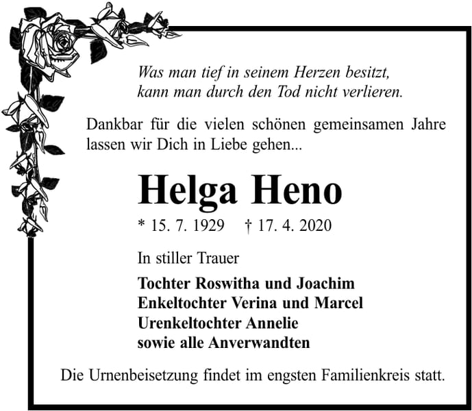 Traueranzeige Helga Heno