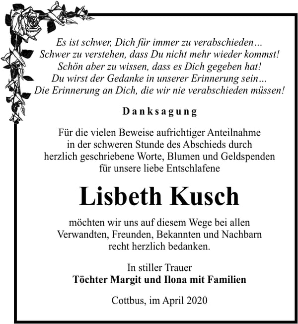 Traueranzeige Lisbeth Kusch