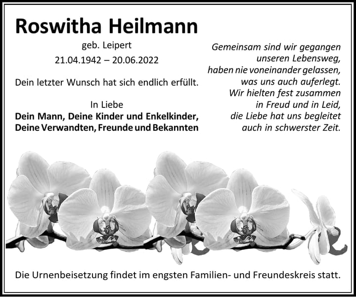 Traueranzeige Roswitha Heilmann, geb. Leiper