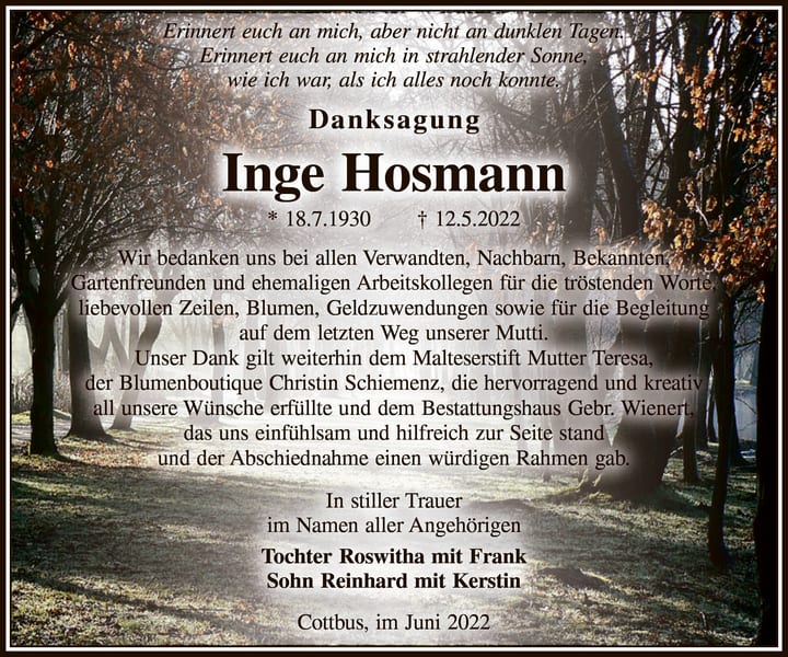 Danksagung Inge Hosmann