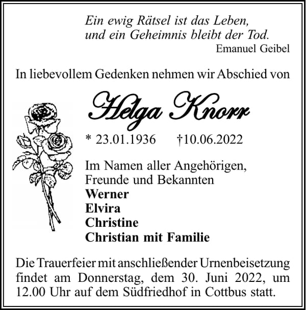 Traueranzeige Helga Knorr