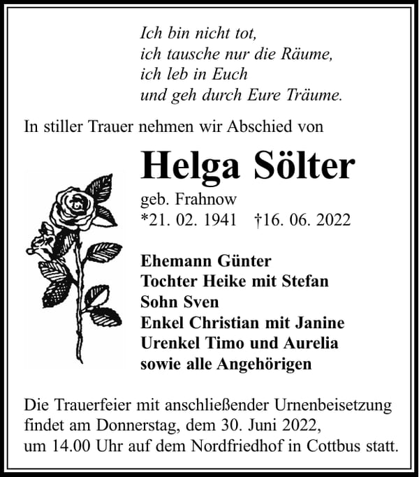 Traueranzeige Helga Sölter, geb. Frahnow