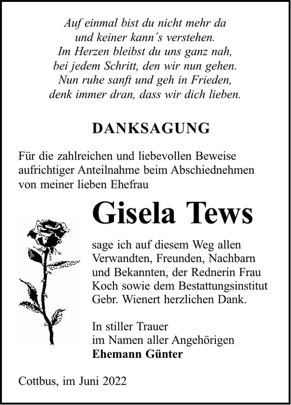 Danksagung Gisela Tews