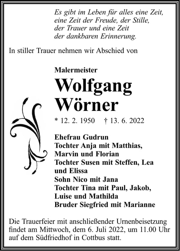 Traueranzeige Wolfgang Wörner