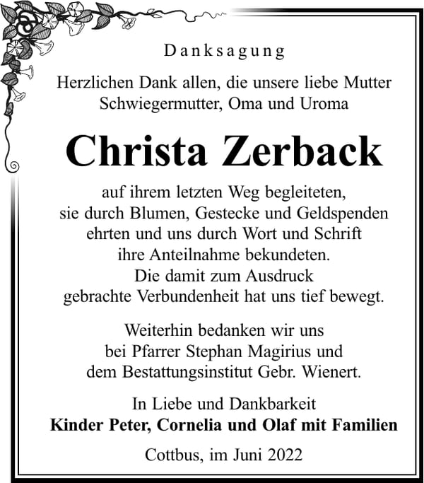 Danksagung Christa Zerback